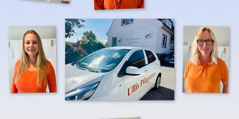 Abbildung einiger Mitarbeiter und Mitarbeiterinnen sowie Darstellung des Logos auf einem Schild, am Haus und auf einem Auto