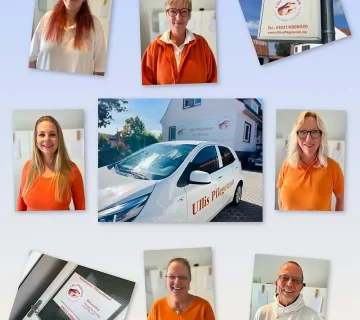 Abbildung einiger Mitarbeiter und Mitarbeiterinnen sowie Darstellung des Logos auf einem Schild, am Haus und auf einem Auto